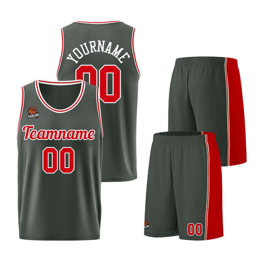 Individuelle Dunkelgrau-Rot Basketball Jersey Shorts für Männer und Frauen Gestickter und gedruckter Name, Nummer und Logo