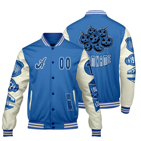 Maßgeschneiderte Blau Weiß Letterman Varsity Jacket Individuelle Stickerei  Druck nach Ihrem Wunsch