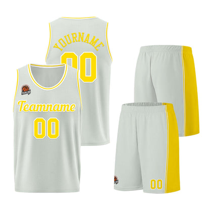 Individuelle Grau-Gelb Basketball Jersey Shorts für Männer und Frauen Gestickter und gedruckter Name, Nummer und Logo