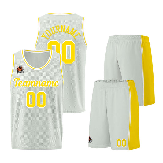 Individuelle Grau-Gelb Basketball Jersey Shorts für Männer und Frauen Gestickter und gedruckter Name, Nummer und Logo