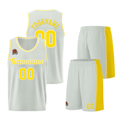 Individuelle Grau-Gelb Basketball Jersey Shorts für Männer und Frauen Gestickter und gedruckter Name, Nummer und Logo