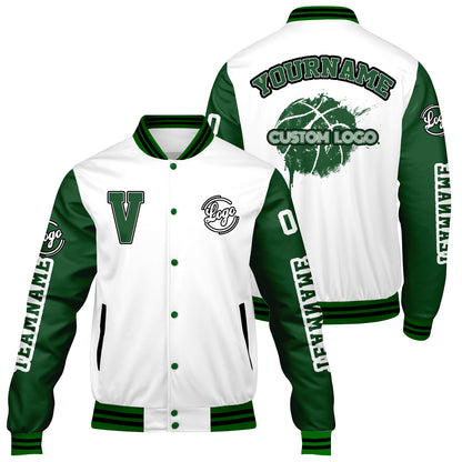 Maßgeschneiderte Weiß Grün Letterman Varsity Jacket Individuelle Stickerei Druck nach Ihrem Wunsch