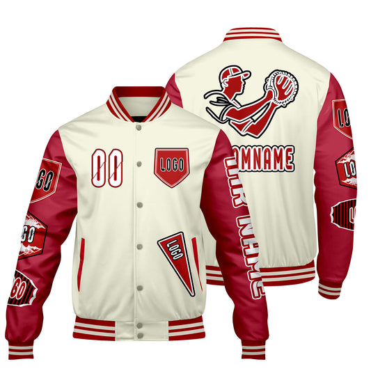 Maßgeschneiderte Weiß Rot Letterman Varsity Jacket Individuelle Stickerei  Druck nach Ihrem Wunsch