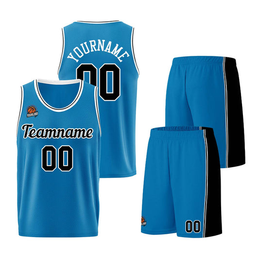Individuelle Blau-Schwarz Basketball Jersey Shorts für Männer und Frauen Gestickter und gedruckter Name, Nummer und Logo