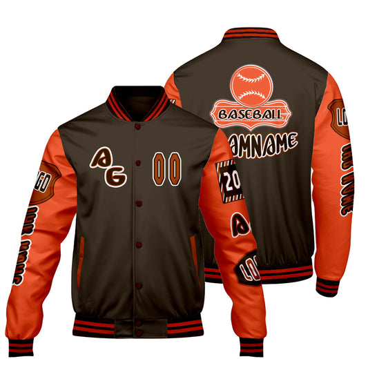 Maßgeschneiderte Braun Orange Letterman Varsity Jacket Individuelle Stickerei  Druck nach Ihrem Wunsch