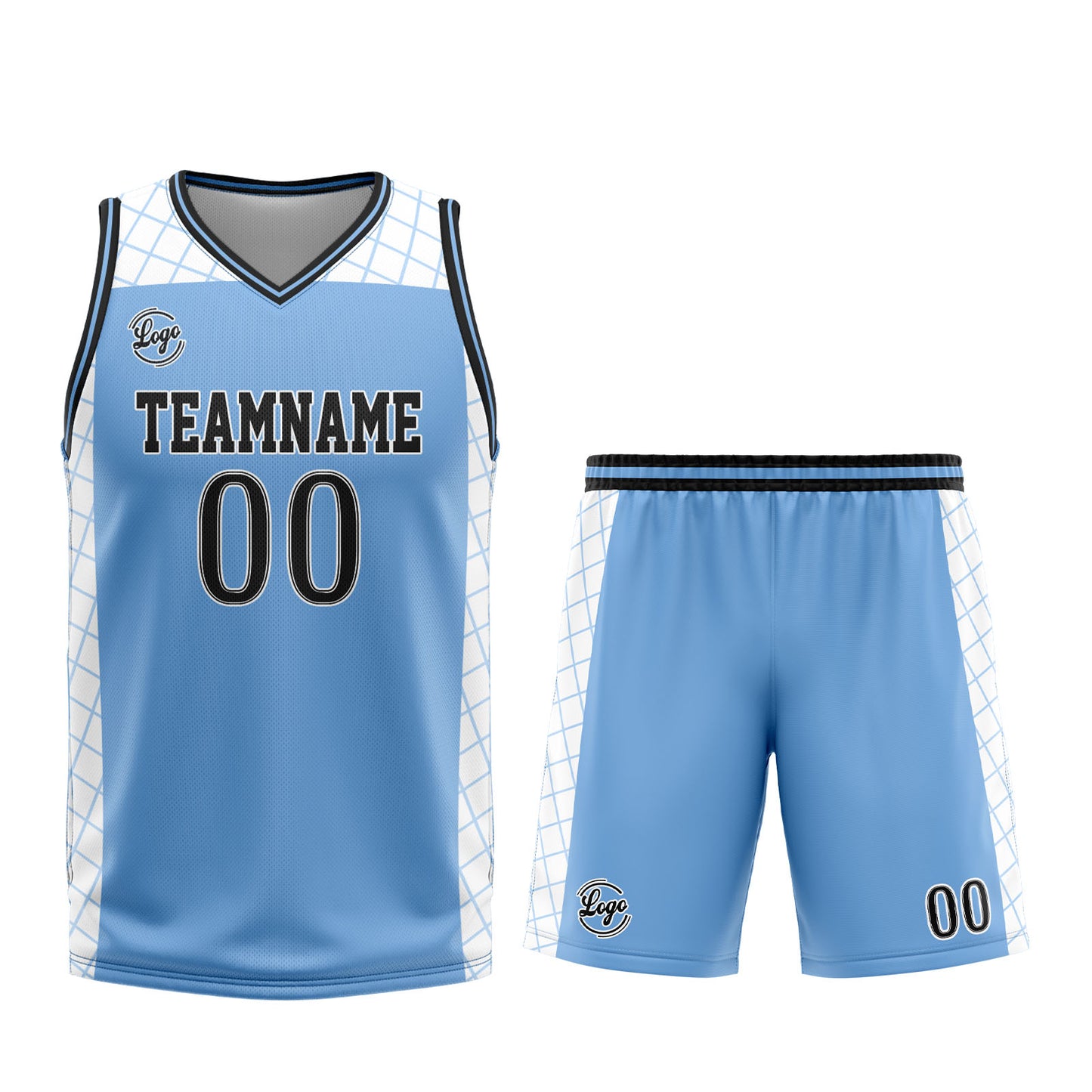 Benutzerdefinierter Hellblau Schwarz Basketball Jersey Uniform Anzug gedruckt Ihr Logo Name Nummer