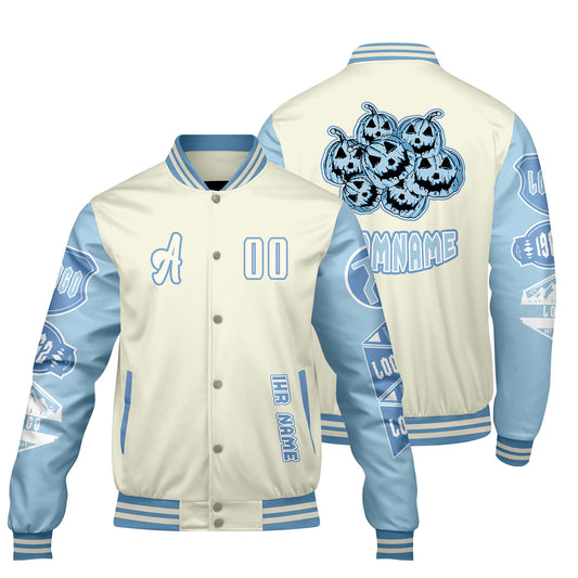 Maßgeschneiderte Weiß Löwenblau Letterman Varsity Jacket Individuelle Stickerei  Druck nach Ihrem Wunsch