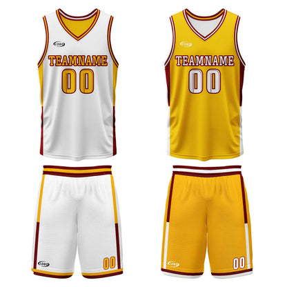 Benutzerdefinierte Weiß Gelb Reversible Basketball Jersey Personalisierte Drucken Name Nummer Logo