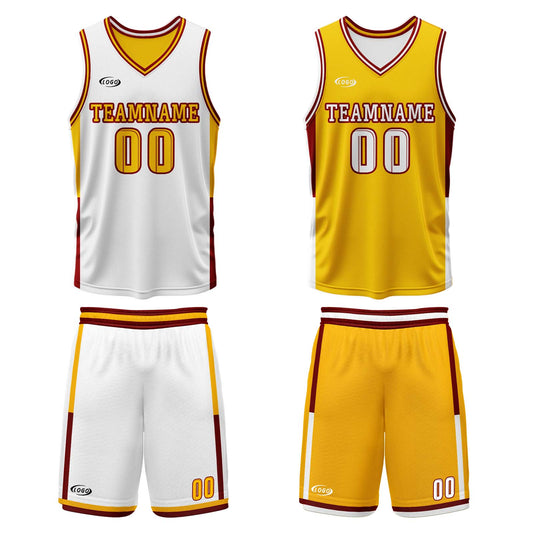 Benutzerdefinierte Weiß Gelb Reversible Basketball Jersey Personalisierte Drucken Name Nummer Logo
