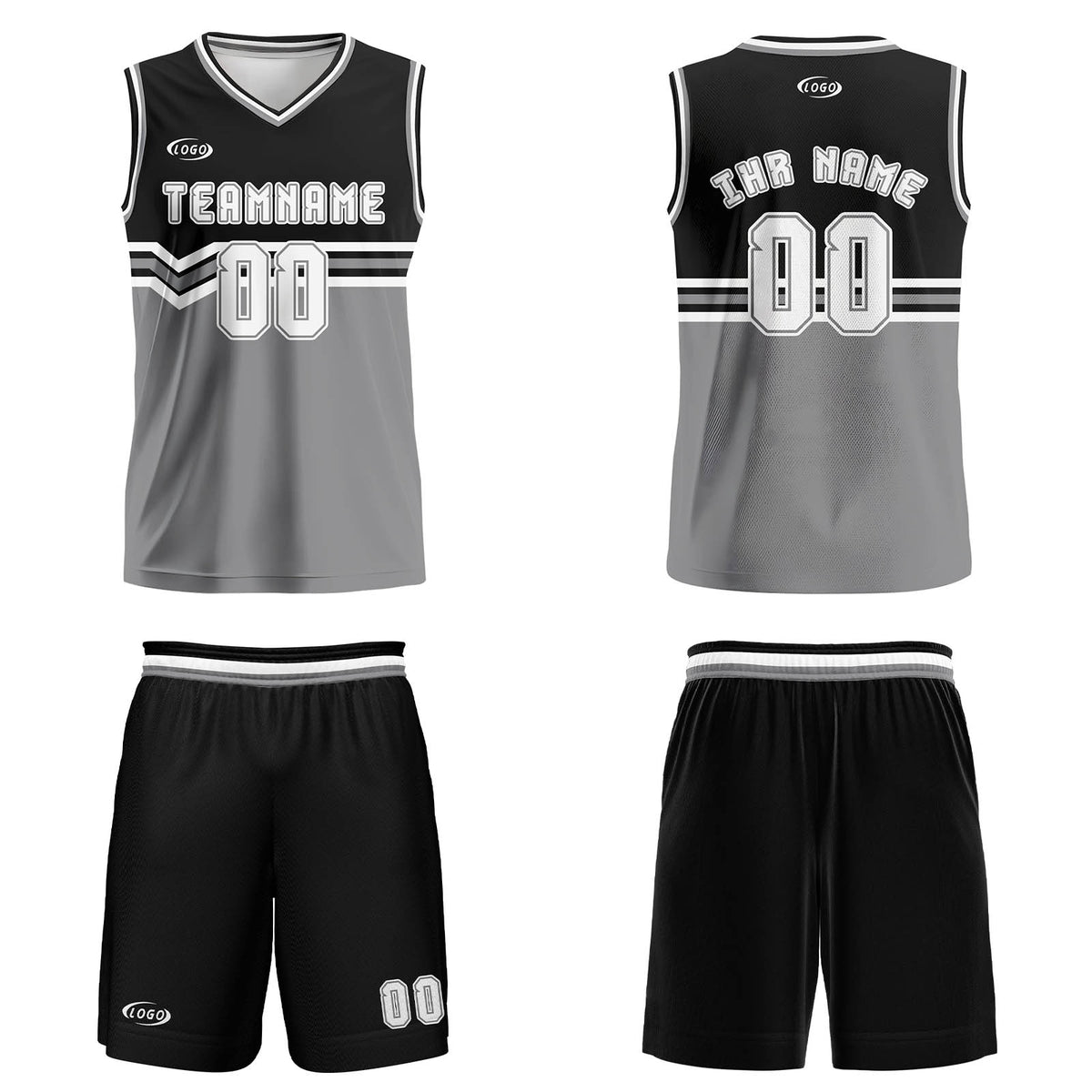 Benutzerdefinierter Schwarz Grau Weiß Basketball Jersey Uniform Anzug gedruckt Ihr Logo Name Nummer