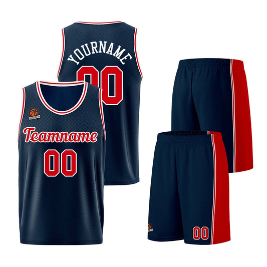 Individuelle Dunkelblau-Rot Basketball Jersey Shorts für Männer und Frauen Gestickter und gedruckter Name, Nummer und Logo