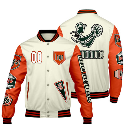 Maßgeschneiderte Weiß Orange Letterman Varsity Jacket Individuelle Stickerei  Druck nach Ihrem Wunsch