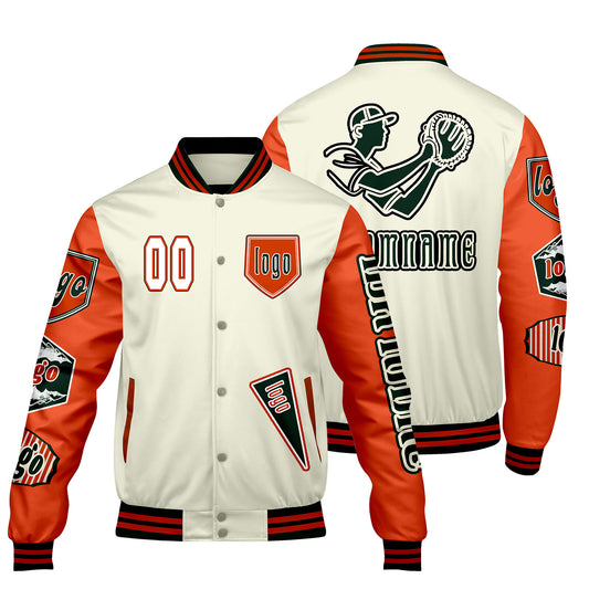 Maßgeschneiderte Weiß Orange Letterman Varsity Jacket Individuelle Stickerei  Druck nach Ihrem Wunsch
