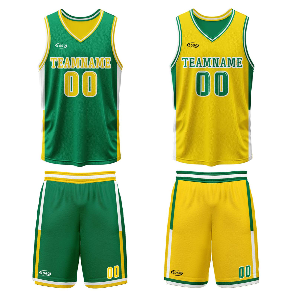 Benutzerdefinierte Grün Gelb Reversible Basketball Jersey Personalisierte Drucken Name Nummer Logo