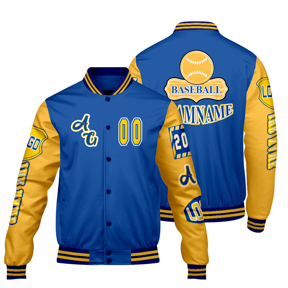 Maßgeschneiderte Blau Gelb Letterman Varsity Jacket Individuelle Stickerei  Druck nach Ihrem Wunsch
