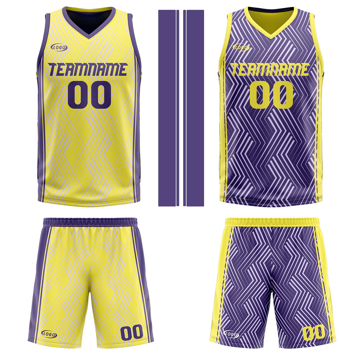Benutzerdefinierte Gelb Lila Reversible Basketball Jersey Personalisierte Drucken Name Nummer Logo