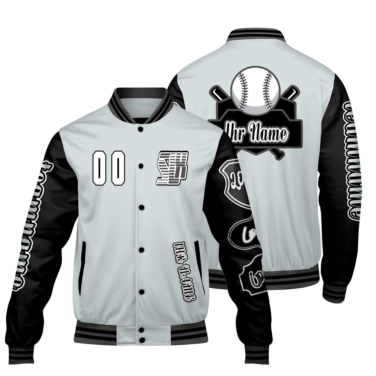 Maßgeschneiderte Grau Schwarz Letterman Varsity Jacket Individuelle Stickerei  Druck nach Ihrem Wunsch