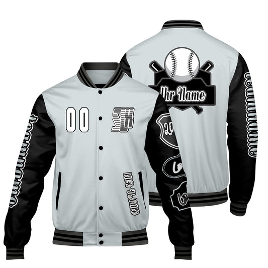 Maßgeschneiderte Grau Schwarz Letterman Varsity Jacket Individuelle Stickerei  Druck nach Ihrem Wunsch