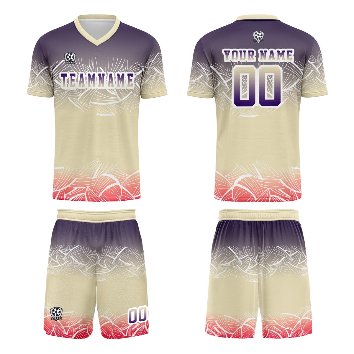 Benutzerdefinierte Beige  Lila Trikots für Männer Frauen Personalisierte Fußball Uniformen für Erwachsene und Kind