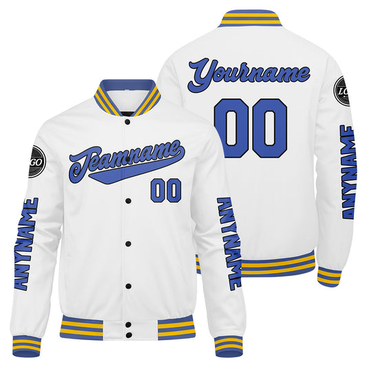 Maßgeschneiderte Weiß Blau Letterman Varsity Jacket Individuelle Stickerei Druck nach Ihrem Wunsch