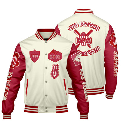 Maßgeschneiderte Weiß Rot Letterman Varsity Jacket Individuelle Stickerei  Druck nach Ihrem Wunsch