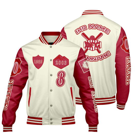 Maßgeschneiderte Weiß Rot Letterman Varsity Jacket Individuelle Stickerei  Druck nach Ihrem Wunsch