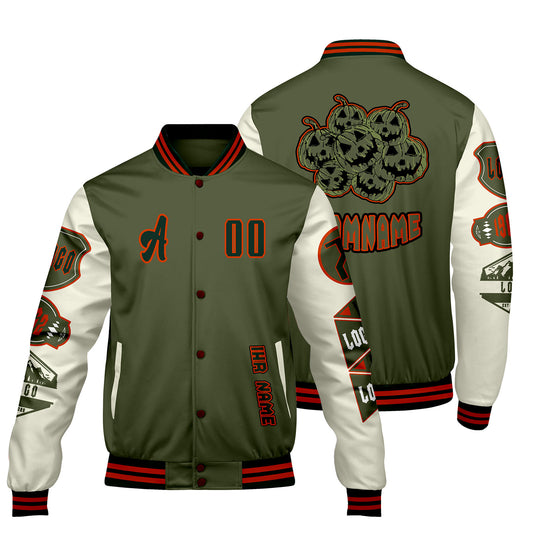 Maßgeschneiderte Olivengrün Weiß Letterman Varsity Jacket Individuelle Stickerei  Druck nach Ihrem Wunsch