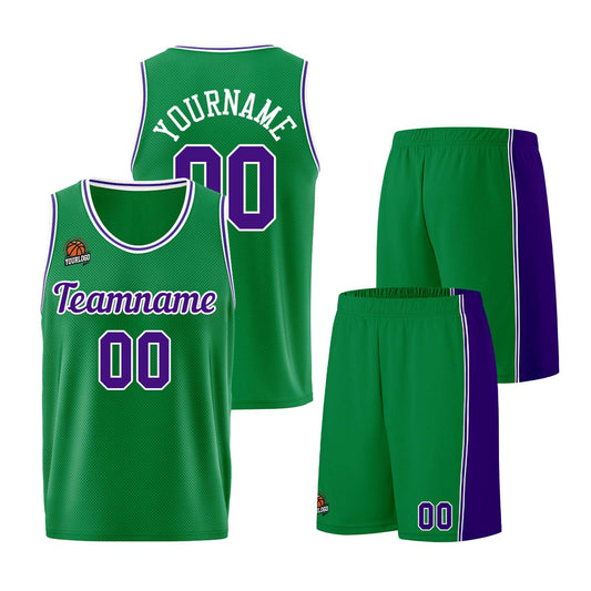 Individuelle Kelly Grün Lila Basketball Jersey Shorts für Männer und Frauen Gestickter und gedruckter Name, Nummer und Logo