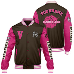 Maßgeschneiderte Braune Rosa Letterman Varsity Jacket Individuelle Stickerei Druck nach Ihrem Wunsch