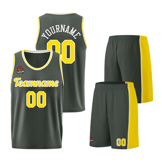 Individuelle Dunkelgrau-Gelb Basketball Jersey Shorts für Männer und Frauen Gestickter und gedruckter Name, Nummer und Logo