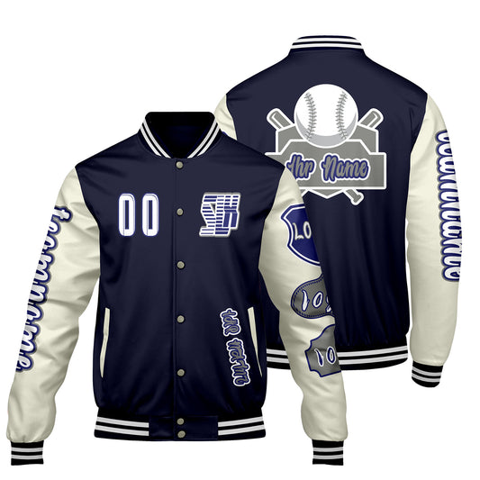 Maßgeschneiderte Marine Weiß Letterman Varsity Jacket Individuelle Stickerei  Druck nach Ihrem Wunsch