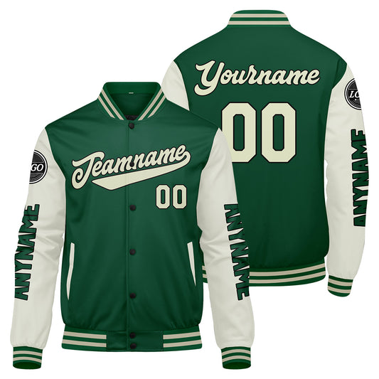 Maßgeschneiderte Grüne Creme Letterman Varsity Jacket Individuelle Stickerei Druck nach Ihrem Wunsch