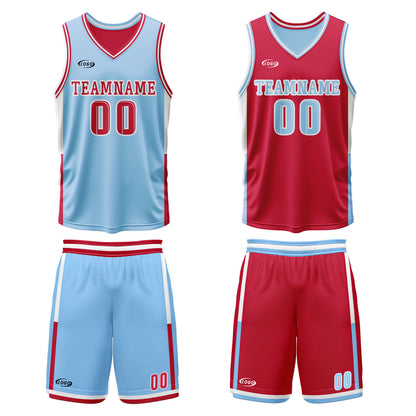 Benutzerdefinierte Hellblau Rot Reversible Basketball Jersey Personalisierte Drucken Name Nummer Logo