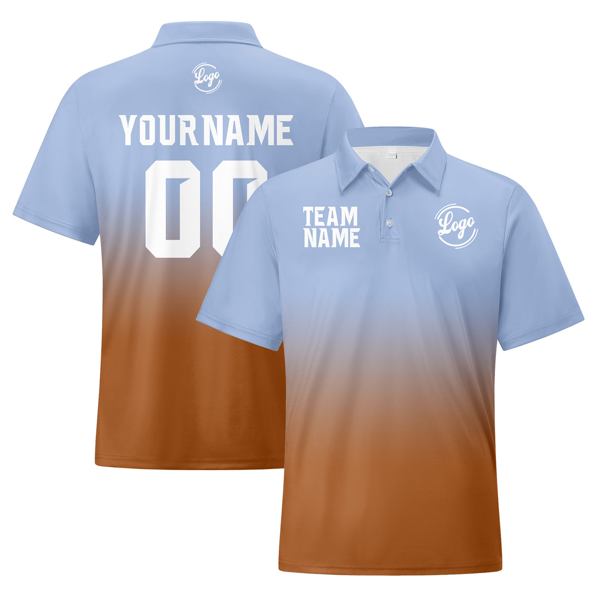 Benutzerdefinierte Hellblau Braun Fußball Gradient Polo-Shirts Fügen Sie Ihr Einzigartiges hinzu Logo/Name/Nummer