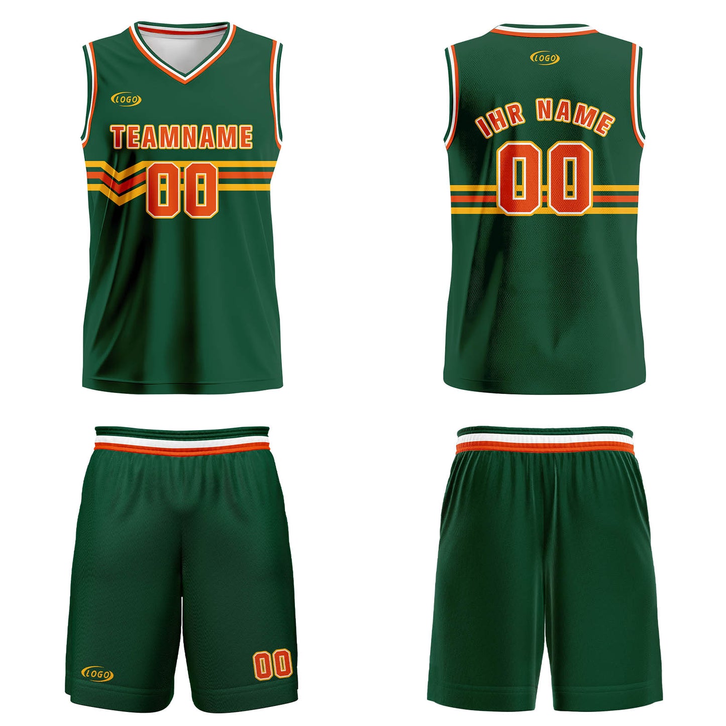 Benutzerdefinierter Grün Orange Gelb Basketball Jersey Uniform Anzug gedruckt Ihr Logo Name Nummer