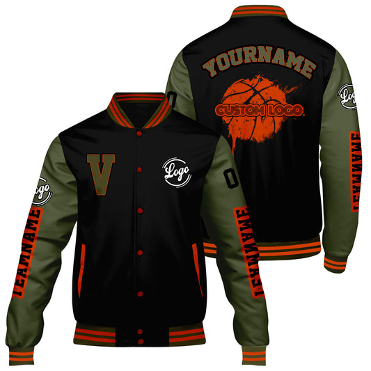 Maßgeschneiderte Schwarz Olivengrün Letterman Varsity Jacket Individuelle Stickerei Druck nach Ihrem Wunsch