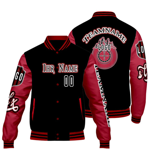 Maßgeschneiderte Schwarz Rot Letterman Varsity Jacket Individuelle Stickerei  Druck nach Ihrem Wunsch