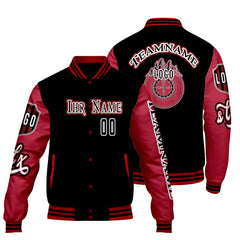 Maßgeschneiderte Schwarz Rot Letterman Varsity Jacket Individuelle Stickerei  Druck nach Ihrem Wunsch