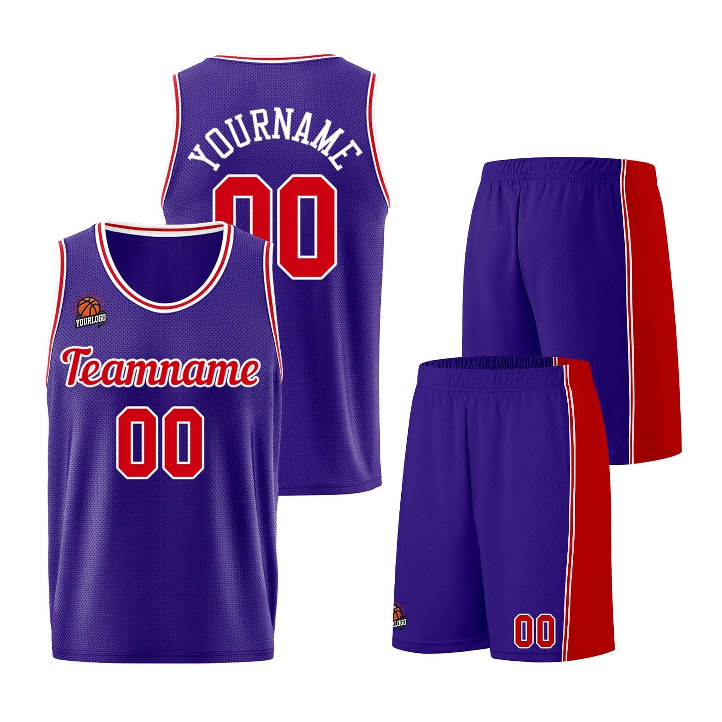 Individuelle Lila Rot Basketball Jersey Shorts für Männer und Frauen Gestickter und gedruckter Name, Nummer und Logo