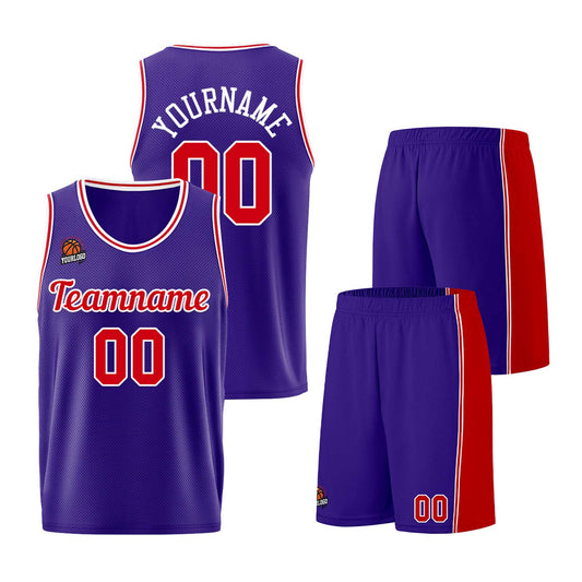 Individuelle Lila Rot Basketball Jersey Shorts für Männer und Frauen Gestickter und gedruckter Name, Nummer und Logo