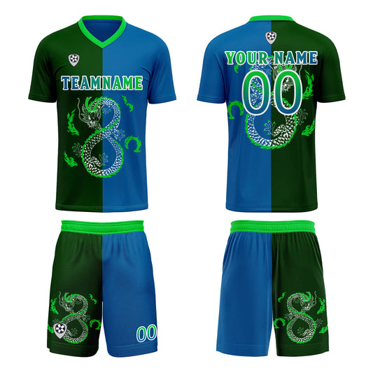 Benutzerdefinierte Blau Grün Trikots für Männer Frauen Personalisierte Fußball Uniformen für Erwachsene und Kind