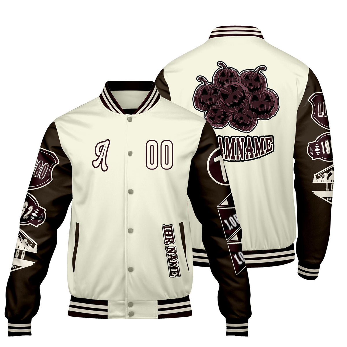 Maßgeschneiderte Weiß Braun Letterman Varsity Jacket Individuelle Stickerei  Druck nach Ihrem Wunsch