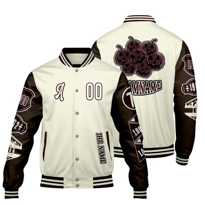 Maßgeschneiderte Weiß Braun Letterman Varsity Jacket Individuelle Stickerei  Druck nach Ihrem Wunsch