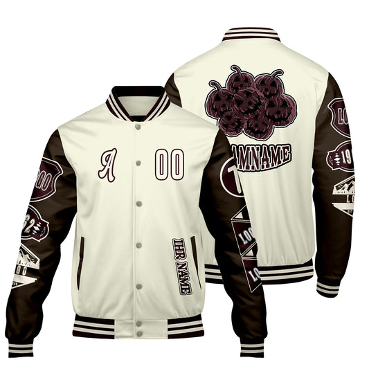 Maßgeschneiderte Weiß Braun Letterman Varsity Jacket Individuelle Stickerei  Druck nach Ihrem Wunsch