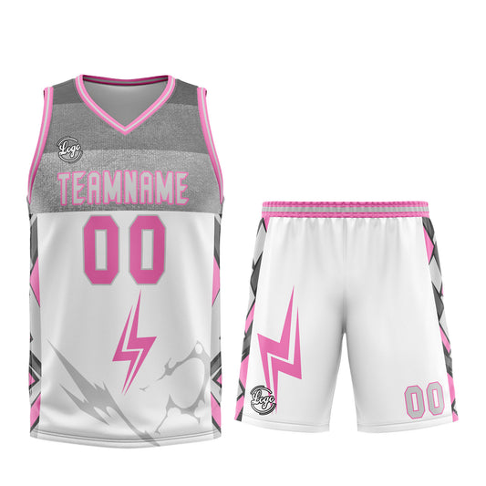 Benutzerdefinierter Weiß Grau Rosa Basketball Jersey Uniform Anzug gedruckt Ihr Logo Name Nummer