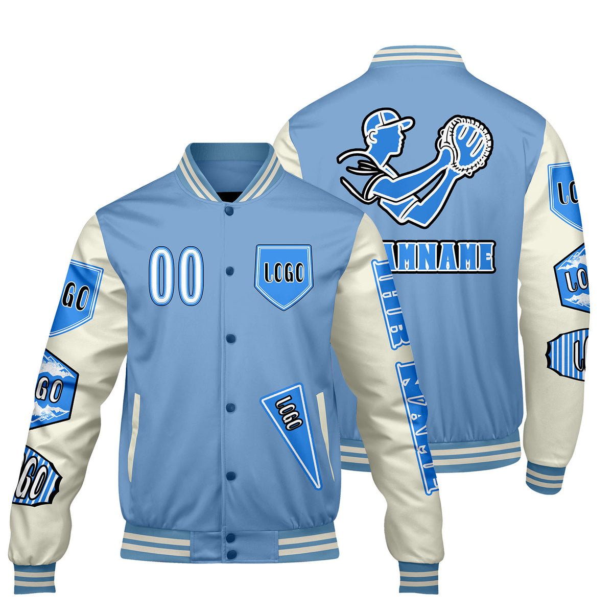 Maßgeschneiderte Blau Weiß Letterman Varsity Jacket Individuelle Stickerei  Druck nach Ihrem Wunsch