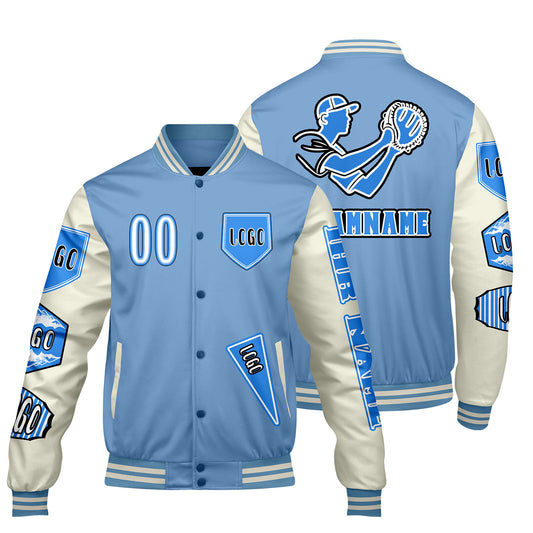 Maßgeschneiderte Blau Weiß Letterman Varsity Jacket Individuelle Stickerei  Druck nach Ihrem Wunsch