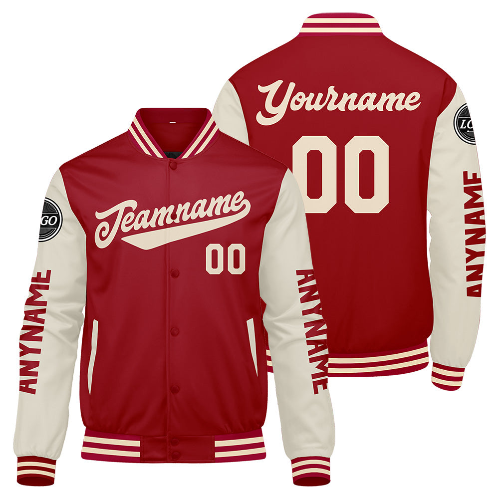 Maßgeschneiderte Rot Creme Letterman Varsity Jacket Individuelle Stickerei Druck nach Ihrem Wunsch