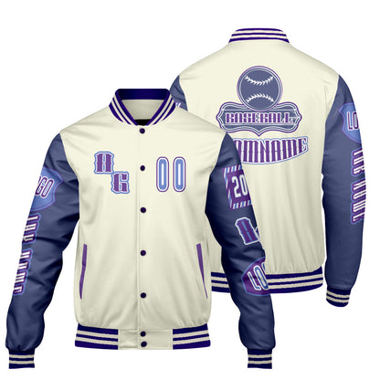 Maßgeschneiderte Lila Blau Letterman Varsity Jacket Individuelle Stickerei  Druck nach Ihrem Wunsch