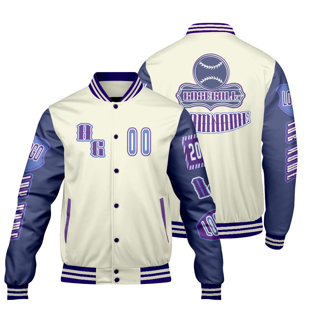 Maßgeschneiderte Lila Blau Letterman Varsity Jacket Individuelle Stickerei  Druck nach Ihrem Wunsch